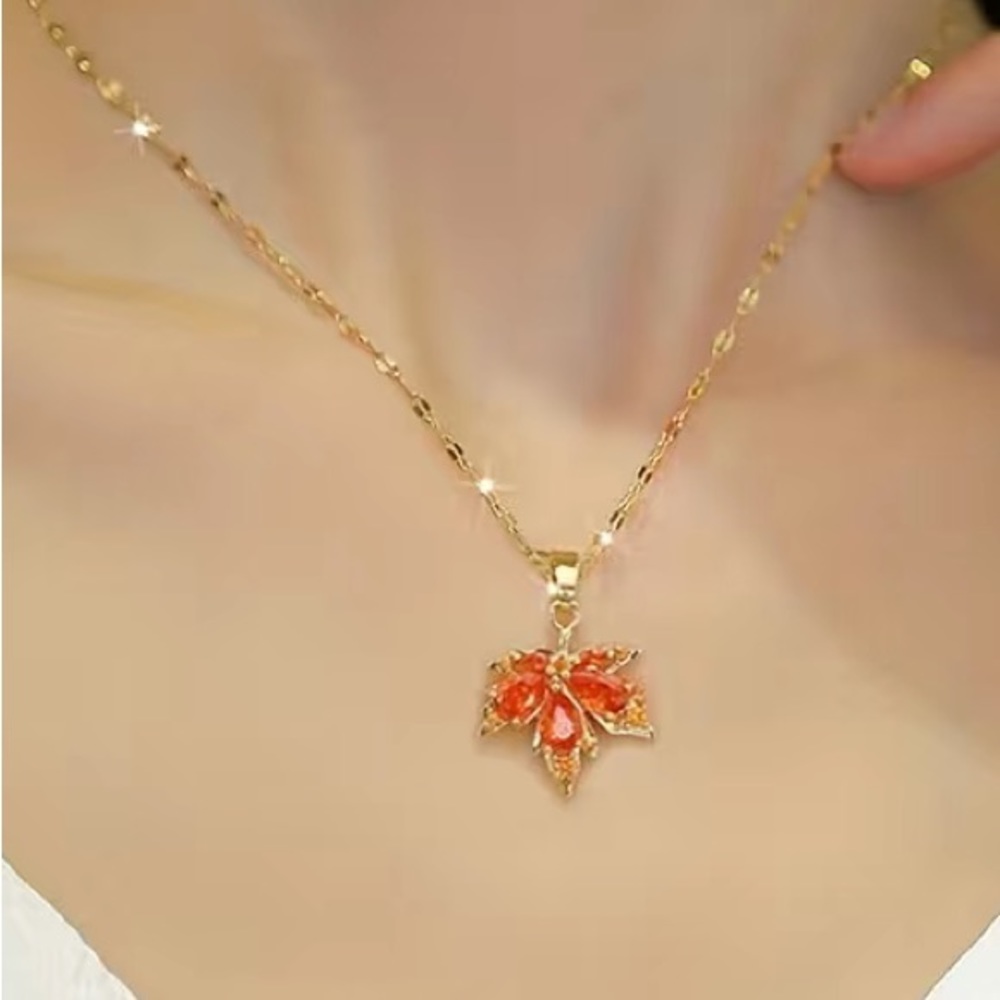 Orange Crystal Maple Leaf Gold Toned Necklace - Picture 2 of 5